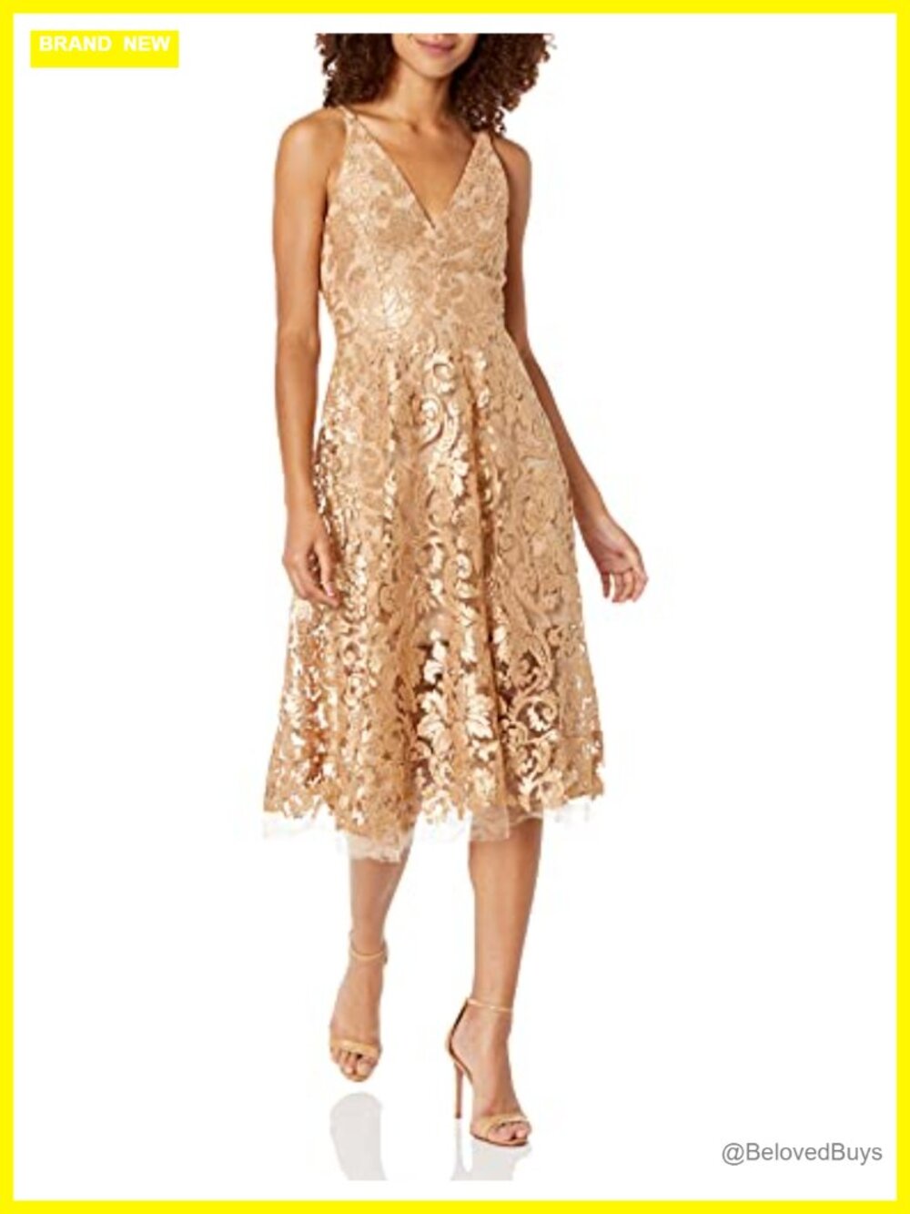 Plunging Fit and Flare Midi Dress Sleeveless V-Neck Cocktail